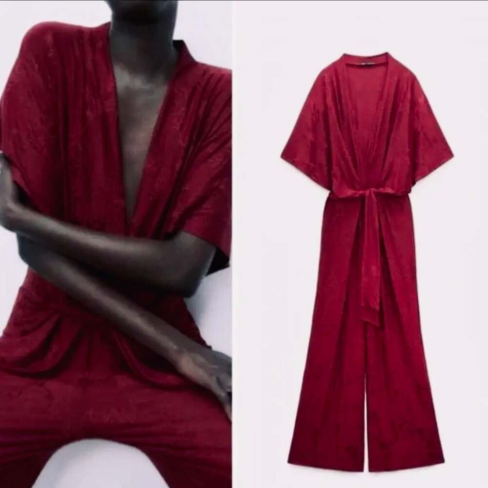 NWT Zara Burgundy Red Floral Jacquard Wide-Leg Jumpsuit Tie Waist Sz S